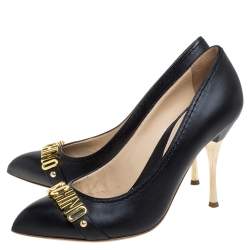 Pre Owned Moschino Black Leather Logo Letter Pointed Toe Pumps Size 41