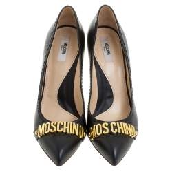 Pre Owned Moschino Black Leather Logo Letter Pointed Toe Pumps Size 41