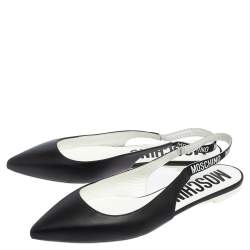 Pre Owned Moschino Black Leather Logo Pointed Toe Sling Flat Sandals Size 41