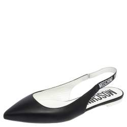 Moschino Black Leather Logo Pointed Toe Sling Flat Sandals Size 41
