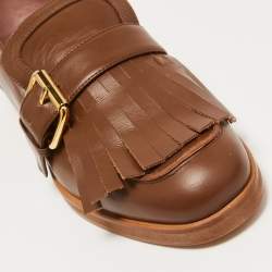 Pre Owned Boutique Moschino Brown Leather Buckle Fringe Loafers Size 39