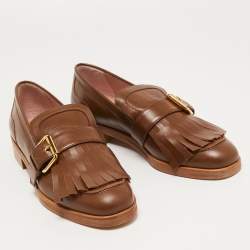 Pre Owned Boutique Moschino Brown Leather Buckle Fringe Loafers Size 39