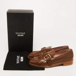 Pre Owned Boutique Moschino Brown Leather Buckle Fringe Loafers Size 39