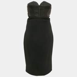 مملوكة مسبقًا Brandon Maxwell Black Crepe Leather Trimmed Strapless Knee-Length Dress M