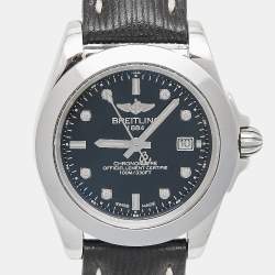 Pre Owned Breitling Black Diamond Stainless Steel Sahara Calfskin Leather Galactic Sleek W7133012/BF63/208X Women's Wristwatch 32 mm