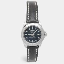 Pre Owned Breitling Black Diamond Stainless Steel Sahara Calfskin Leather Galactic Sleek W7133012/BF63/208X Women's Wristwatch 32 mm