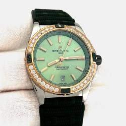 Pre Owned Breitling Super Chronomat U17356 Automatic Green diamonds 18k Rose Gold Stainless Steel Women's Wristwatch 38 mm