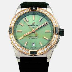 Pre Owned Breitling Super Chronomat U17356 Automatic Green diamonds 18k Rose Gold Stainless Steel Women's Wristwatch 38 mm