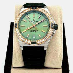 Pre Owned Breitling Super Chronomat U17356 Automatic Green diamonds 18k Rose Gold Stainless Steel Women's Wristwatch 38 mm