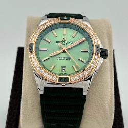 Pre Owned Breitling Super Chronomat U17356 Automatic Green diamonds 18k Rose Gold Stainless Steel Women's Wristwatch 38 mm