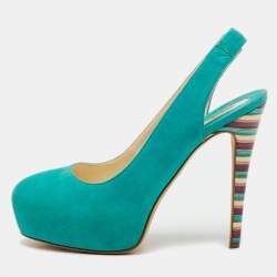 Pre Owned Brian Atwood Turquoise Blue Suede Platform Slingback Pumps Size 35