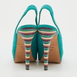 Pre Owned Brian Atwood Turquoise Blue Suede Platform Slingback Pumps Size 35