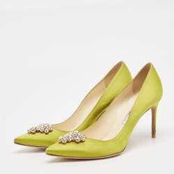 Brian Atwood Green Satin Crystal Embellished Pointed Toe Pumps Size 39.5