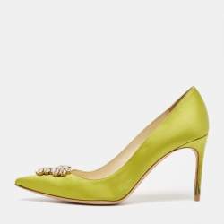 Brian Atwood Green Satin Crystal Embellished Pointed Toe Pumps Size 39.5