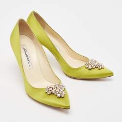 Brian Atwood Green Satin Crystal Embellished Pointed Toe Pumps Size 39.5