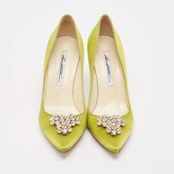 Brian Atwood Green Satin Crystal Embellished Pointed Toe Pumps Size 39.5