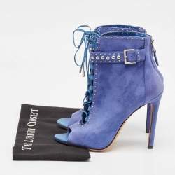 Brian Atwood Blue Suede Embellished Ankle Length Boots Size 38