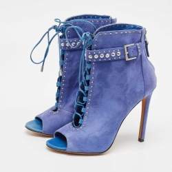 Brian Atwood Blue Suede Embellished Ankle Length Boots Size 38