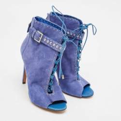 Brian Atwood Blue Suede Embellished Ankle Length Boots Size 38