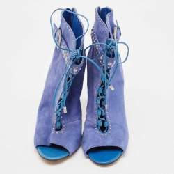 Brian Atwood Blue Suede Embellished Ankle Length Boots Size 38