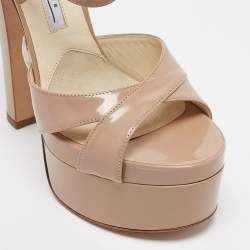 Brian Atwood Beige Patent Leather Carmen Platform Sandals Size 37.5