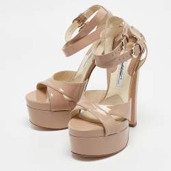 Brian Atwood Beige Patent Leather Carmen Platform Sandals Size 37.5
