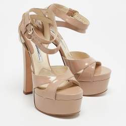 Brian Atwood Beige Patent Leather Carmen Platform Sandals Size 37.5