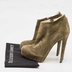 Brian Atwood Olive Green Suede Chain Embellished Booties Size 38.5