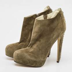 Brian Atwood Olive Green Suede Chain Embellished Booties Size 38.5