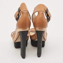 Brian Atwood Brown/Black Snakeskin Embossed and Leather Braganca Ankle Strap Sandals Size 37.5