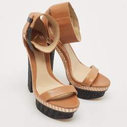 Brian Atwood Brown/Black Snakeskin Embossed and Leather Braganca Ankle Strap Sandals Size 37.5