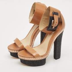 Brian Atwood Brown/Black Snakeskin Embossed and Leather Braganca Ankle Strap Sandals Size 37.5