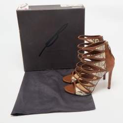 Brian Atwood Brown Leather and Snakeskin Lynnden Cage Sandals Size 38
