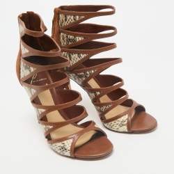 Brian Atwood Brown Leather and Snakeskin Lynnden Cage Sandals Size 38
