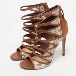 Brian Atwood Brown Leather and Snakeskin Lynnden Cage Sandals Size 38