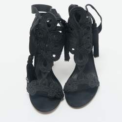 Brian Atwood Black Embroidered Suede Ankle Wrap Sandals Size 37