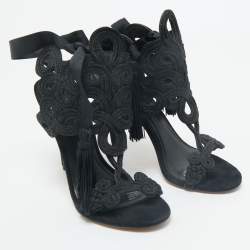 Brian Atwood Black Embroidered Suede Ankle Wrap Sandals Size 37