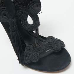 Brian Atwood Black Embroidered Suede Ankle Wrap Sandals Size 37