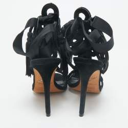 Brian Atwood Black Embroidered Suede Ankle Wrap Sandals Size 37