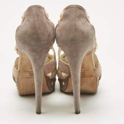 Pre Owned Brian Atwood Beige Cut Out Studded Suede Peep Toe Platform Sandals Size 39