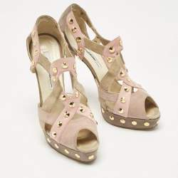 Pre Owned Brian Atwood Beige Cut Out Studded Suede Peep Toe Platform Sandals Size 39