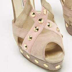 Pre Owned Brian Atwood Beige Cut Out Studded Suede Peep Toe Platform Sandals Size 39