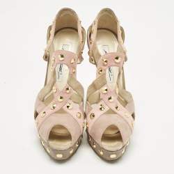 Pre Owned Brian Atwood Beige Cut Out Studded Suede Peep Toe Platform Sandals Size 39
