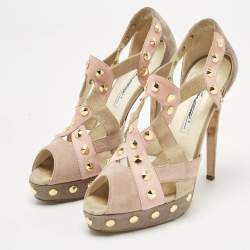Pre Owned Brian Atwood Beige Cut Out Studded Suede Peep Toe Platform Sandals Size 39
