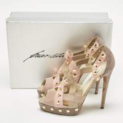 Pre Owned Brian Atwood Beige Cut Out Studded Suede Peep Toe Platform Sandals Size 39