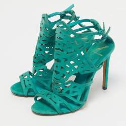 Pre Owned Brian Atwood Green Suede Laplata Laser Cut Sandals Size 39.5