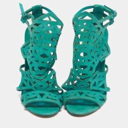Pre Owned Brian Atwood Green Suede Laplata Laser Cut Sandals Size 39.5