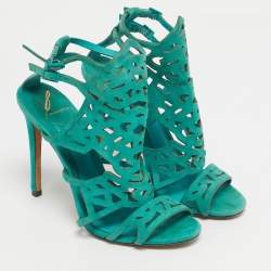 Pre Owned Brian Atwood Green Suede Laplata Laser Cut Sandals Size 39.5