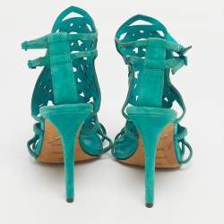 Pre Owned Brian Atwood Green Suede Laplata Laser Cut Sandals Size 39.5