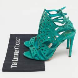 Pre Owned Brian Atwood Green Suede Laplata Laser Cut Sandals Size 39.5
